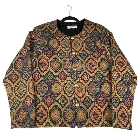 Southwestern Aztec Vintage Tapestry Boho Tribal Concho Button -Up Jacket - Sz L - Picture 1 of 16